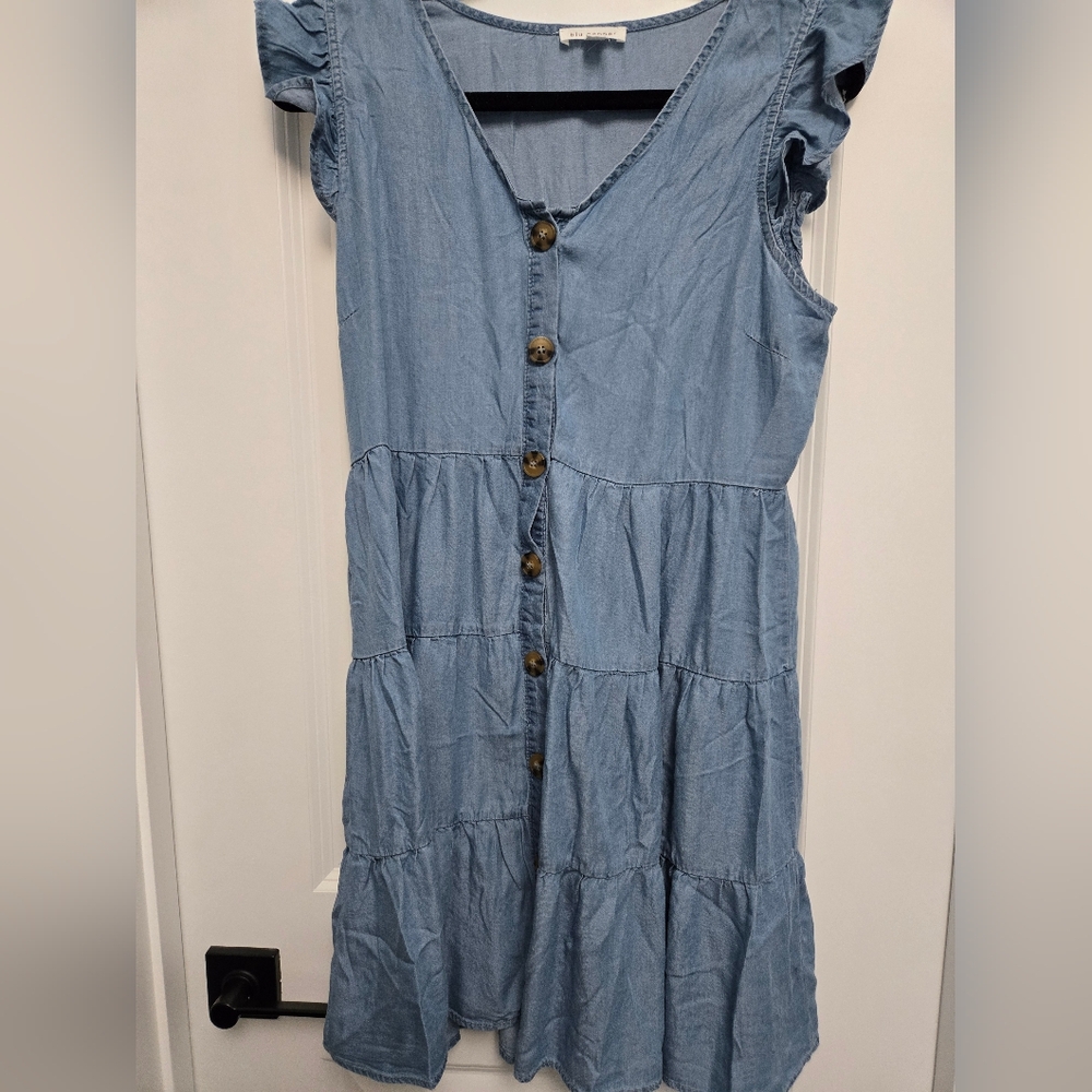 "Blu Pepper" Denim Button Dress with shoulder ruffle